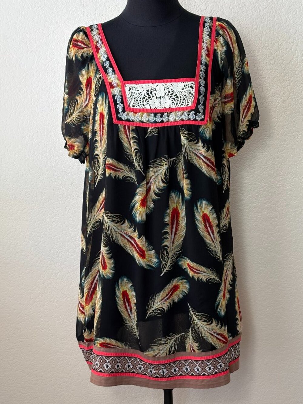 Twenty One Feather Print Boho Tunic Mini Dress L